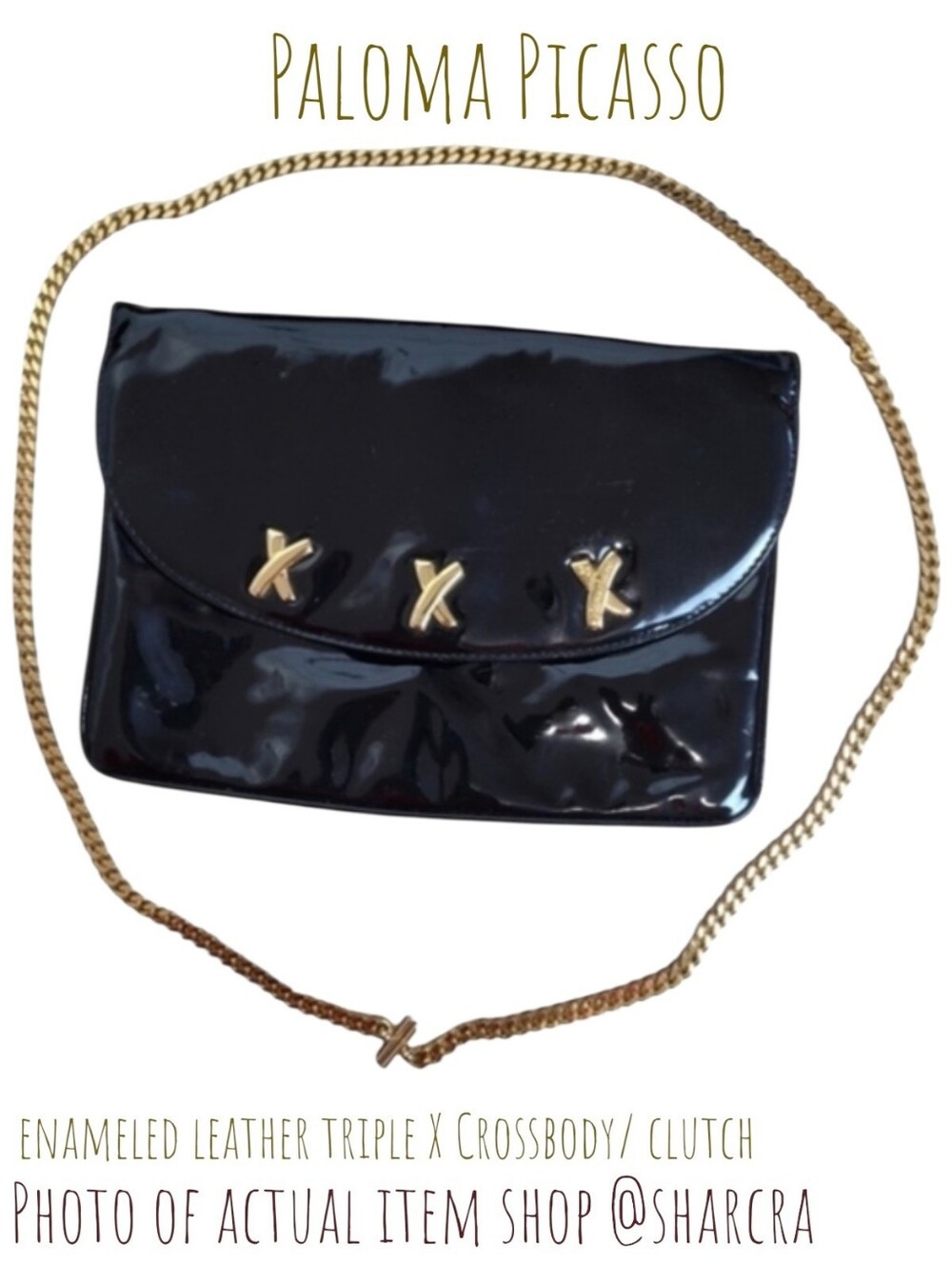 Paloma Picasso black enameled leather triple X golden chain crossbody clutch bag